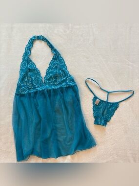 Victoria's Secret Blue Halter Babydoll Lace Lingerie Set Size Medium